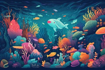 Playful and colorful underwater scene with friendly cartoon sea creatures, coral reefs, and sunken treasures. Illustration flat. Generative AI