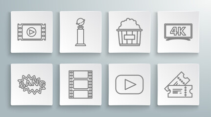 Set line Bang boom text speech bubble balloon, Trophy Golden Globe, Play Video, Cinema ticket, Popcorn cardboard box, and icon. Vector