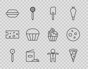 Set line Pizza knife, Slice of pizza, Spatula, Flour pack, Macaron cookie, Muffin, Holiday gingerbread man and Cookie or biscuit with chocolate icon. Vector
