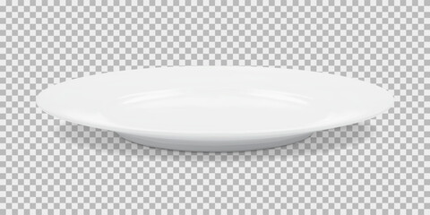 White round empty plate side view with transparent shadow. Vector illustration - obrazy, fototapety, plakaty