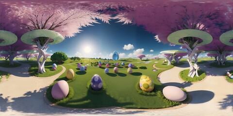 360 degrees panorama of a digital painting of a landscape with trees and eggs