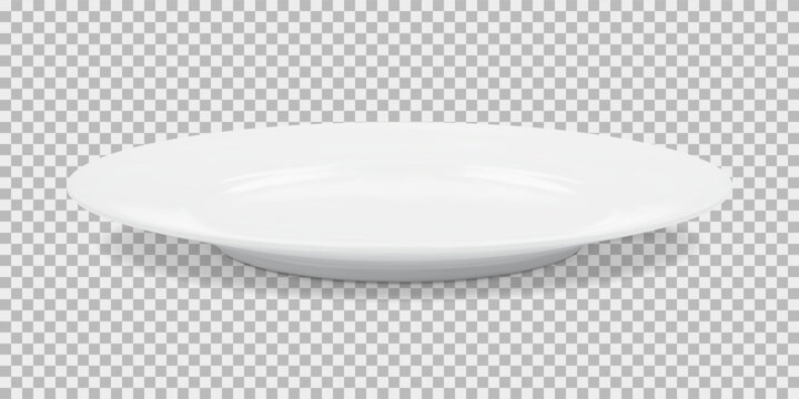 White round empty plate side view with transparent shadow. Vector illustration