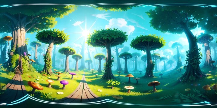 360 degrees panorama of a painting of a forest filled with lots of trees