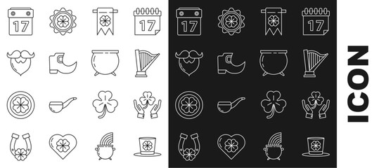 Set line Leprechaun hat and four leaf clover, Harp, Four party pennant, Tradition leprechaun boots, Mustache beard, Saint Patrick's day with calendar and Witch cauldron icon. Vector