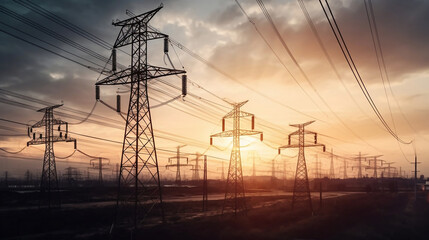High power electricity poles in urban area connected to smart grid. Energy supply, distribution of energy, transmitting energy, energy transmission, high voltage supply concept photo, Generative Ai - obrazy, fototapety, plakaty