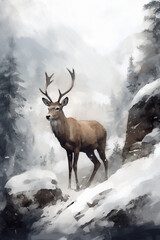 A beautiful, majestic, brown deer with large antlers, watching over in a snowy mountain overpass