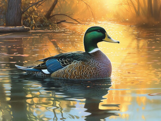 A beautiful metallic duck in a lake, with the morning sun rising.