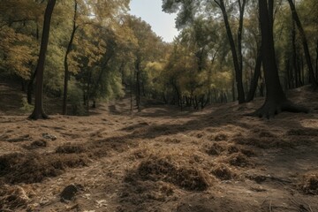 Fototapeta na wymiar Lush forest suffering from a prolonged drought, with wilting leaves and parched soil. Generative AI
