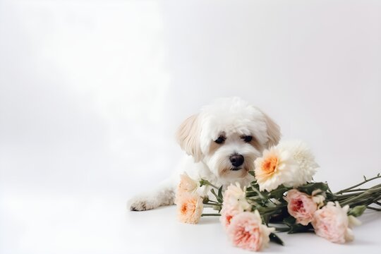 Background of a beautiful and cute romantic dog. Wallpaper illustration. Front View with copy space for text information or content. Concept of valentine’s day, pet's love. Generative AI.