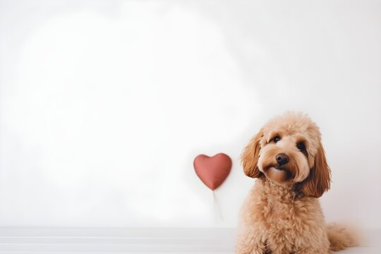 Background of a beautiful and cute romantic dog. Wallpaper illustration. Front View with copy space for text information or content. Concept of valentine’s day, pet's love. Generative AI.