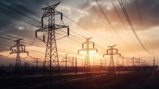 High power electricity poles in urban area connected to smart grid. Energy supply, distribution of energy, transmitting energy, energy transmission, high voltage supply concept photo, Generative Ai