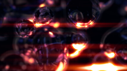 orange lighting transpicuous crystalline bubbles on black bg - abstract 3D illustration