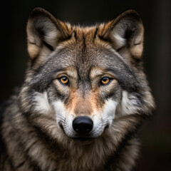 Naklejka na ściany i meble A close up, beautiful frontal portrait of fluffy wild wolf, starting straight at the camera