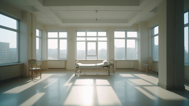 A detailed raw photo image of a spacious, brightly lit empty hospital room with large windows, serene view, ideal for a wellness campaign or a medical drama scene, hospital stretche, Generative IA