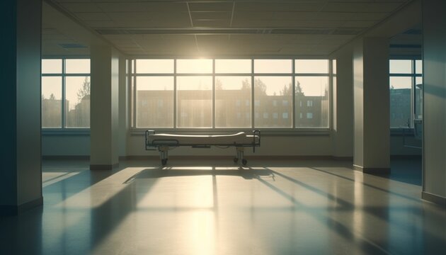 A detailed raw photo image of a spacious, brightly lit empty hospital room with large windows, serene view, ideal for a wellness campaign or a medical drama scene, hospital stretche, Generative IA