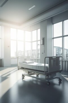 A detailed raw photo image of a spacious, brightly lit empty hospital room with large windows, serene view, ideal for a wellness campaign or a medical drama scene, hospital stretche, Generative IA