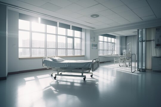 A detailed raw photo image of a spacious, brightly lit empty hospital room with large windows, serene view, ideal for a wellness campaign or a medical drama scene, hospital stretche, Generative IA