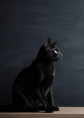 A gorgeous, minimalist photography of a black cat, against a dark grey background, facing towards the left. 