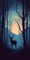 A minimalistic image of a deer silhouette in the wilderness of the trees, at sunset