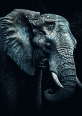 A super close up of an grey/blue elephants head on a dark background