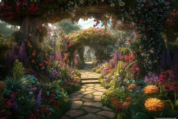Magical garden in full bloom, with vibrant, fantastical flowers and plants growing in every direction. Generative AI - obrazy, fototapety, plakaty