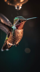 Fototapeta premium A beautiful, in focus, iridescent ruby-throated hummingbird suspended in mid air.