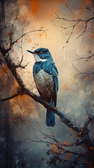 A beautiful oil painting with an abstract background and blue and white bird sat on a branch, looking into the distance.