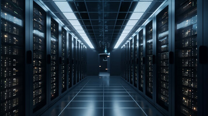 Shot of Data Center With Multiple Rows of Fully Operational Server Racks. Modern Telecommunications, Cloud Computing, Artificial Intelligence, Database, Super Computer Technology, Generative Ai