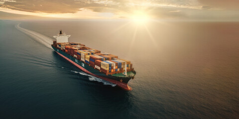 Large cargo ship transports many containers over calm sea, rising sun shines to ocean background. Generative AI