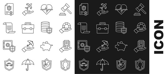 Set line Life insurance with shield, House hand, Lifebuoy, Briefcase, Document, Contract and Money icon. Vector