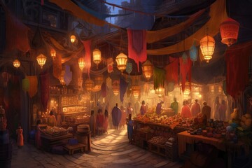 Obraz na płótnie Canvas Magical marketplace, filled with exotic goods and mystical creatures from all corners of the realm. Generative AI