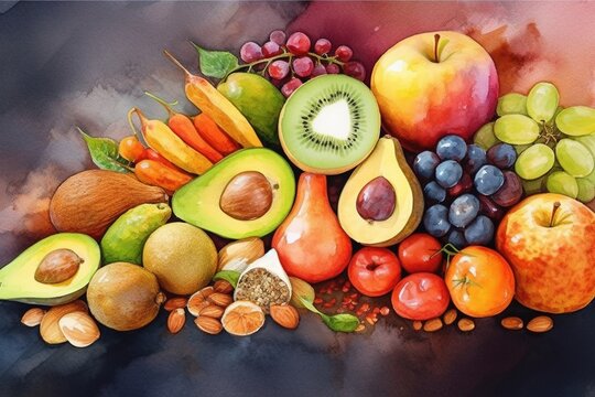 ripe and juicy fruits and vegetables background, watercolor -Ai