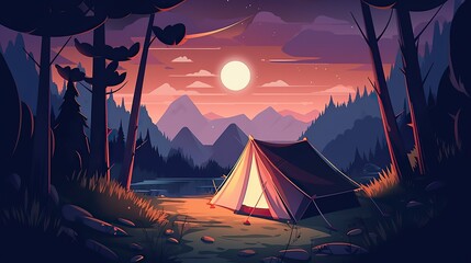 A cartoon illustration of a camping tent near a forest lake at sunset outdoor exploration travel