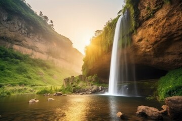 Fototapeta na wymiar Majestic waterfall at sunrise, featuring a cascading sheet of water plunging into a serene pool surrounded by lush vegetation and rocky cliffs. Generative AI