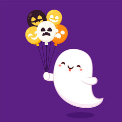 Cute ghost floating for Trick or Treat. Funny spooky boo character. Spook phantom with happy smiling face expression. Isolated kids flat vector illustration. Halloween balloon vector.