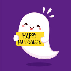 Cute ghost floating for Trick or Treat. Funny spooky boo character. Spook phantom with happy smiling face expression. Isolated kids flat vector illustration.