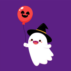 Cute ghost floating for Trick or Treat. Funny spooky boo character. Spook phantom with happy smiling face expression. Isolated kids flat vector illustration. Halloween balloon vector.