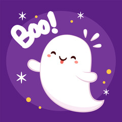 Obraz na płótnie Canvas Cute ghost floating for Trick or Treat. Funny spooky boo character. Spook phantom with happy smiling face expression. Isolated kids flat vector illustration.