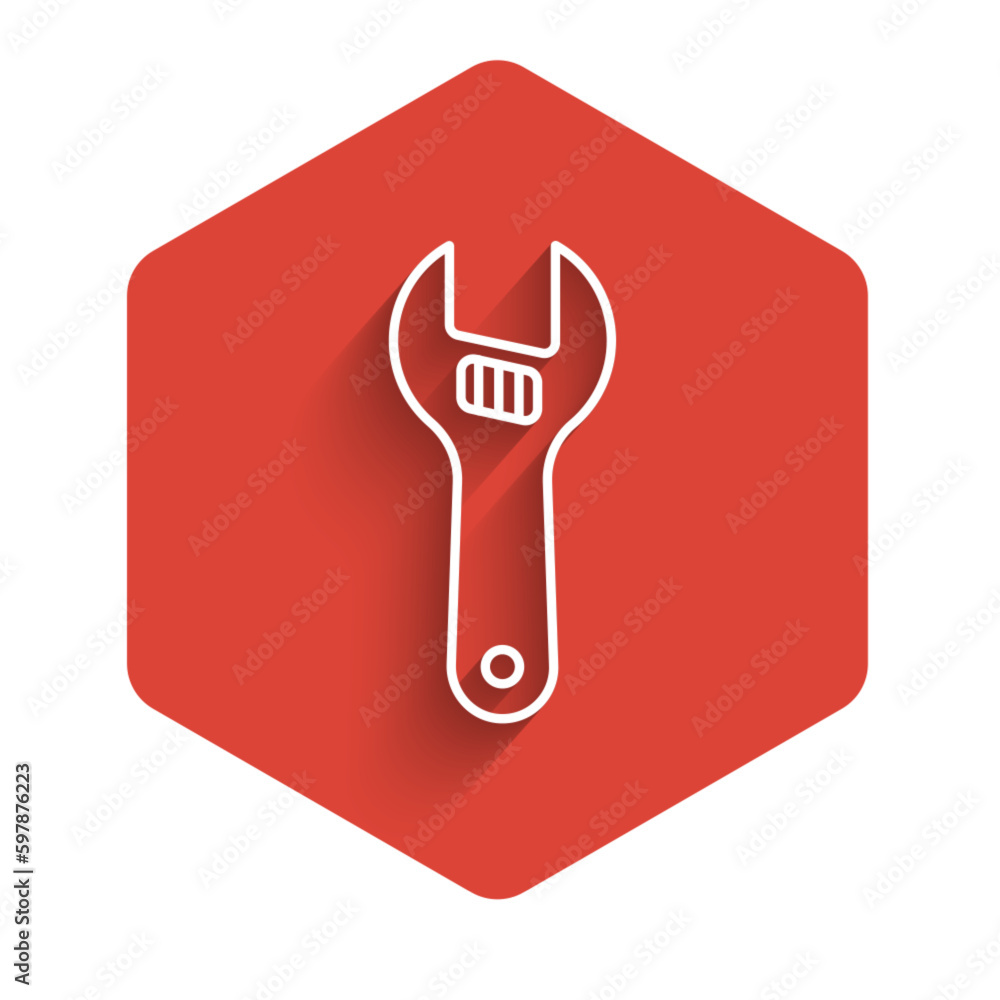 Poster white line adjustable wrench icon isolated with long shadow. red hexagon button. vector