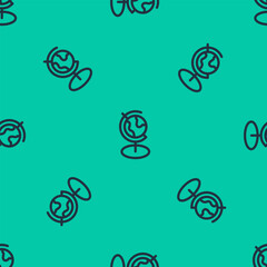 Blue line Earth globe icon isolated seamless pattern on green background. Vector