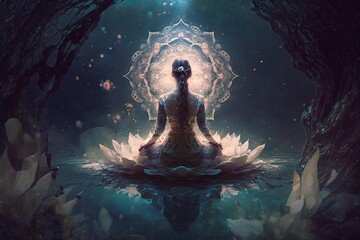 a woman sitting in the middle of a body of water