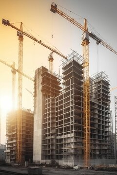Construction planning, business investment. Implementation schedules of different project stages against background of construction crane on construction site and finished building, generative IA