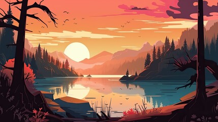 A sunset with a mountain and a lake in the foreground outdoor explore travel illustration - obrazy, fototapety, plakaty