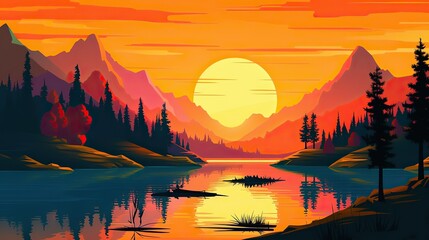 A cartoon image of a lake with a sunset in the landscape background outdoor explore travel illustration - obrazy, fototapety, plakaty