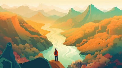A man stands on a hillside overlooking a river with mountains background Outdoor exploration travel - obrazy, fototapety, plakaty