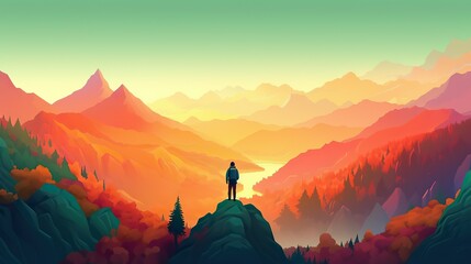 A man stands on a hillside overlooking a river with mountains background Outdoor exploration travel - obrazy, fototapety, plakaty