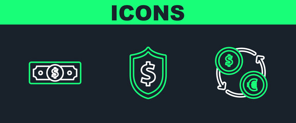 Set line Money exchange, Stacks paper money cash and Shield with dollar symbol icon. Vector