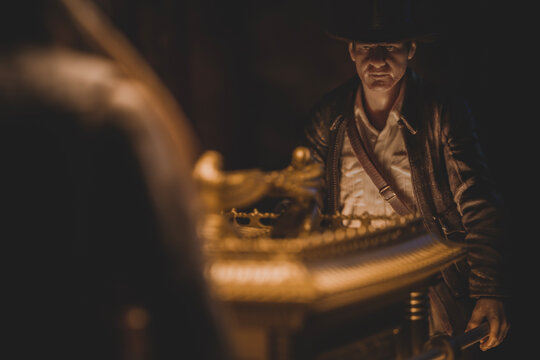 NEW YORK USA,  MAY 20 2023: scene from Indiana Jones Raiders of the lost Ark, Professor Jones and Sallah discover the ark - Hasbro action figure