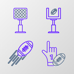 Set line Number 1 one fan hand glove with finger raised and american football ball, American Football, goal post and Bright stadium lights icon. Vector