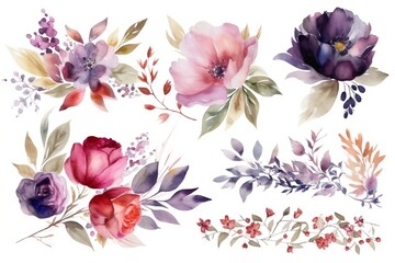 Watercolor floral bouquet pink, red, purple, rose ranunculus with green blush leaves, for wedding invitations, greetings, wallpapers, fashion, prints. flowers. AI Generated	